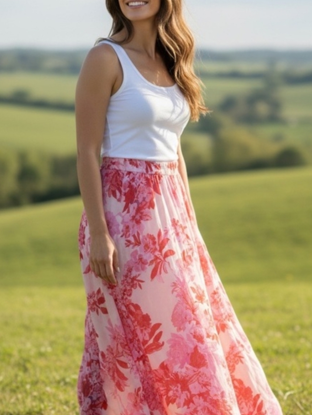 Her Destiny | Pink Red Floral Printed Maxi Skirt Size XL